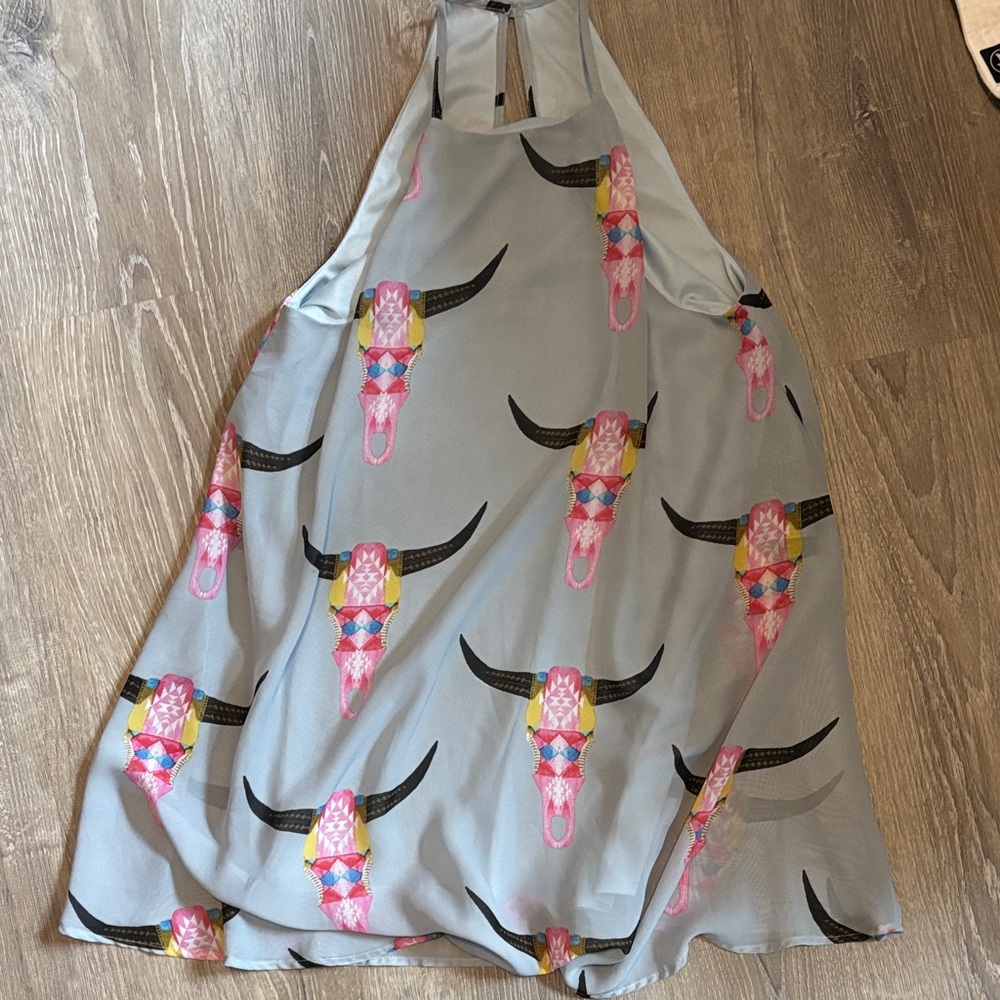 Show Me Your Mumu Light Blue Dress with Colorful Bull Skull Print